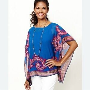 Talbots Silk Blue Paisley Kaftan Sheer Scarf Blouse L/XL Pink Flowy Top Kimono